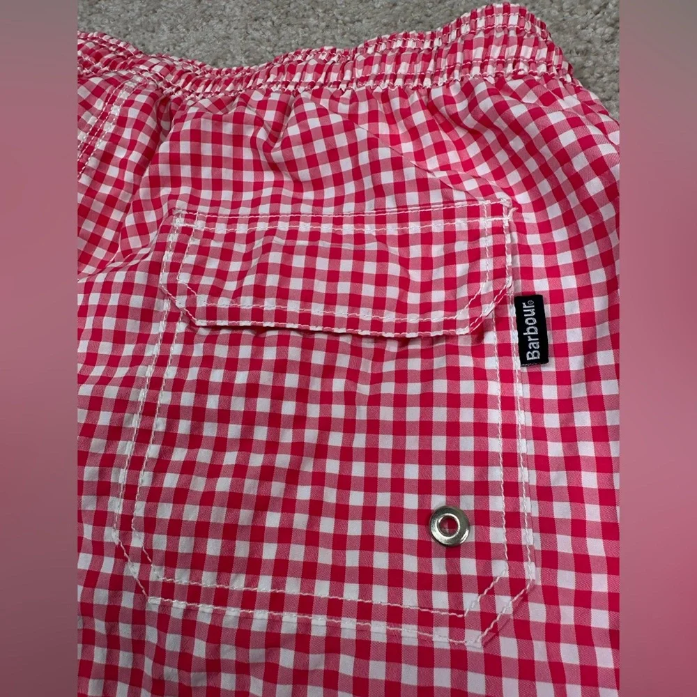 Barbour Men’s M Swim Trunks Shorts Gingham Check Reddish Pink White Beach Pool - Picture 7 of 9